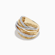 The Duo 14K Two-Tone Textured Gold Pave Diamond Crossover Ring showcases wide, crisscrossing textured gold bands and sparkling pave diamond accents set in white metal for a striking look.