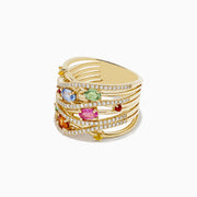 The Watercolors 14K Yellow Gold Multi Sapphire and Diamond Ring showcases intertwining bands set with dazzling diamonds and an array of colorful sapphires in green, pink, blue, yellow, orange, and red.