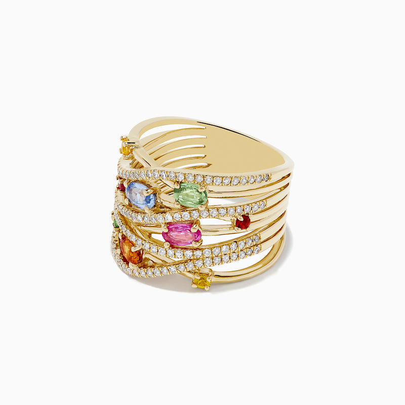 The Watercolors 14K Yellow Gold Multi Sapphire and Diamond Ring showcases intertwining bands set with dazzling diamonds and an array of colorful sapphires in green, pink, blue, yellow, orange, and red.