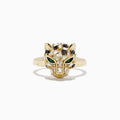 The Signature 14K Yellow Gold Diamond and Emerald Panther Ring features a detailed panther head with diamond, emerald, and black gemstone accents for its eyes and features, set against a plain white background.