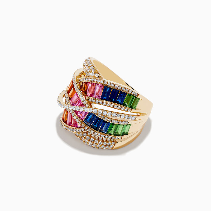 The Watercolors 14K Gold Multi Sapphire & Diamond Crossover Ring showcases rows of rectangular orange, pink, blue, and green sapphires intertwined with diamonds in a striking crossover design.