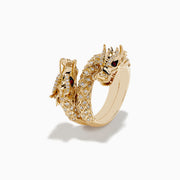 The Safari 14K Yellow Gold Ruby and Diamond Dragon Wrap Ring features a coiled dragon design with diamond accents and ruby-red gemstone eyes, shown on a white background.