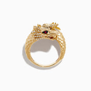 The Safari 14K Yellow Gold Ruby and Diamond Dragon Bypass Ring features a dragon design with a detailed head, ruby eyes, diamond accents, and a textured scale-like band, all set against a white background.