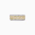 The Canare 14K Two Tone Gold Yellow and White Diamond Ring, 1.26 TCW, features three rows of round yellow diamonds bordered by two rows of white diamonds, all set in elegant two-tone gold and shown on a white background.