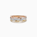 The Trio 14K Tri Tone Gold Diamond Ring, 0.34 TCW, features intertwined rose, yellow, and white gold bands accented with round diamonds in an elegant wave design.