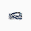 The Royale Bleu 14K White Gold Sapphire and Diamond Crossover Ring, 1.43 TCW, showcases three intertwined bands with alternating blue sapphires and white diamonds for a sophisticated, woven look.