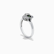 The Signature 14K White Gold Diamond and Tsavorite Panther Ring, 0.25 TCW, features a sculpted panther head with sparkling diamonds and vivid green tsavorites for the eyes, shown against a white background.