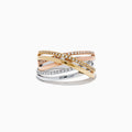 The Trio 14K Three-Tone Gold Diamond Crossover Ring features intertwined yellow, rose, and white gold bands accented with round diamonds for a stylish, layered look.