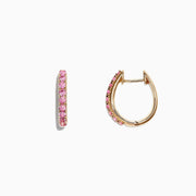 A pair of 14K yellow gold huggie hoop earrings, set with pink sapphires totaling 0.86 TCW, displayed against a white background.