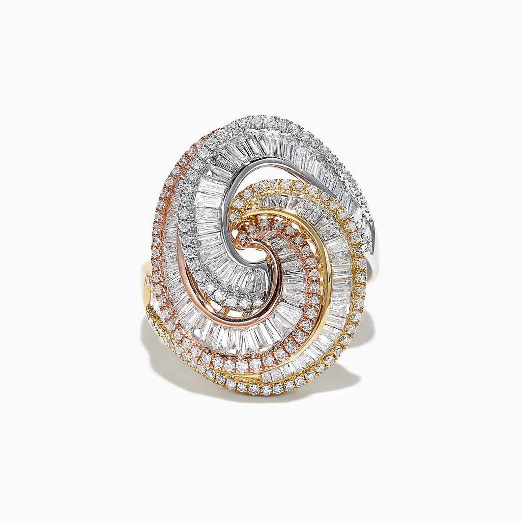 The Trio 14K Tri Color Gold Diamond Swirl Statement Ring, 1.66 TCW, features a spiral design with clear, pink, and yellow diamonds set in white, yellow, and rose gold for a luxurious look.