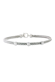 The 925 Sterling Silver and Diamond Bracelet features a braided design with three evenly spaced round, textured beads and a lobster clasp closure.