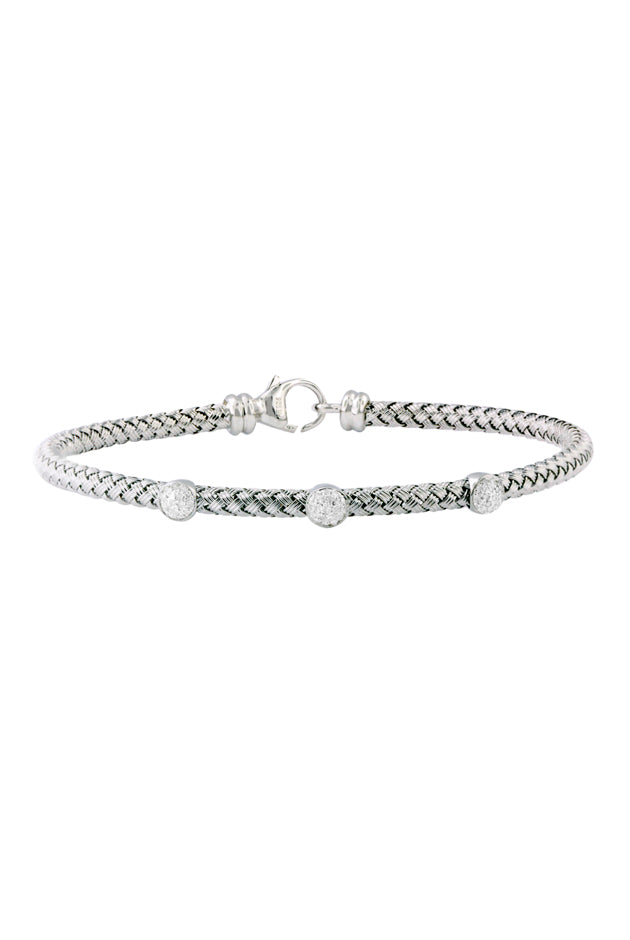 The 925 Sterling Silver and Diamond Bracelet features a braided design with three evenly spaced round, textured beads and a lobster clasp closure.