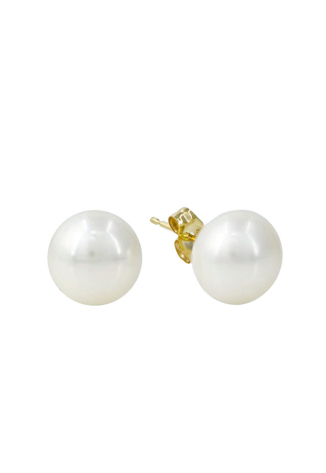 The 14K Yellow Gold Fresh Water Cultured Pearl Stud Earrings feature round white pearls on yellow gold posts with butterfly backs, shown on a white background.