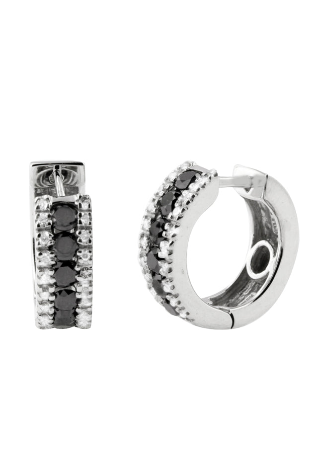 These 14K White Gold Black and White Diamond Earrings, 0.92 TCW, feature silver hoops with rows of black gemstones bordered by clear stones for a striking contrast and have secure hinged closures.