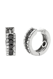 These 14K White Gold Black and White Diamond Earrings, 0.92 TCW, feature silver hoops with rows of black gemstones bordered by clear stones for a striking contrast and have secure hinged closures.