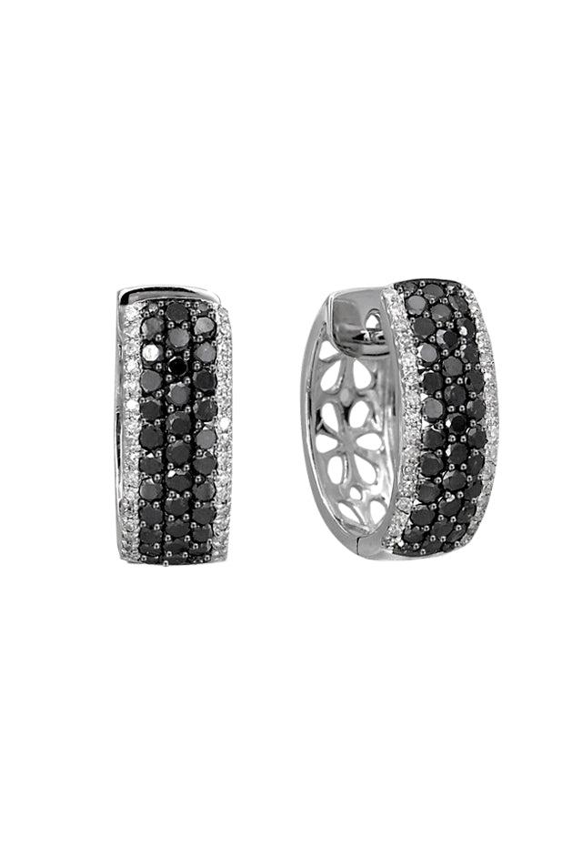A pair of 14K white gold hoop earrings featuring black and white diamonds, 1.30 TCW, with a dazzling design and open lattice interior for an elegant look.
