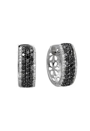A pair of 14K white gold hoop earrings featuring black and white diamonds, 1.30 TCW, with a dazzling design and open lattice interior for an elegant look.