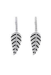 A pair of 14K White Gold Black and White Diamond Earrings (1.05 TCW), featuring a leaf-like design with sparkling stones, displayed on a white background.
