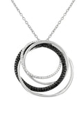 A 14K white gold pendant featuring three interlocking circles—one polished, two set with black and white diamonds (1.06 TCW)—on a delicate chain, inspired by Effy classic designs.