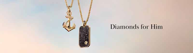 Two gold necklaces, one with a diamond-studded anchor pendant and the other with a rectangular, black, diamond-encrusted pendant, with the text “Diamonds for Him” on a soft gradient background.