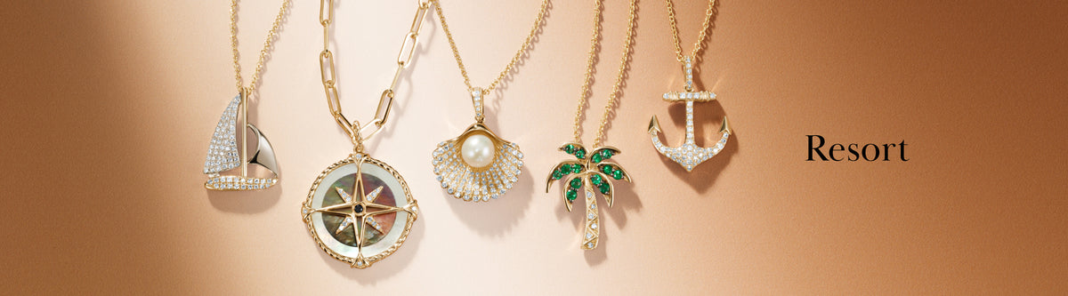 Five gold necklaces with nautical-themed pendants—a sailboat, compass, seashell with pearl, palm tree, and anchor—are displayed on a light brown background with the word Resort.