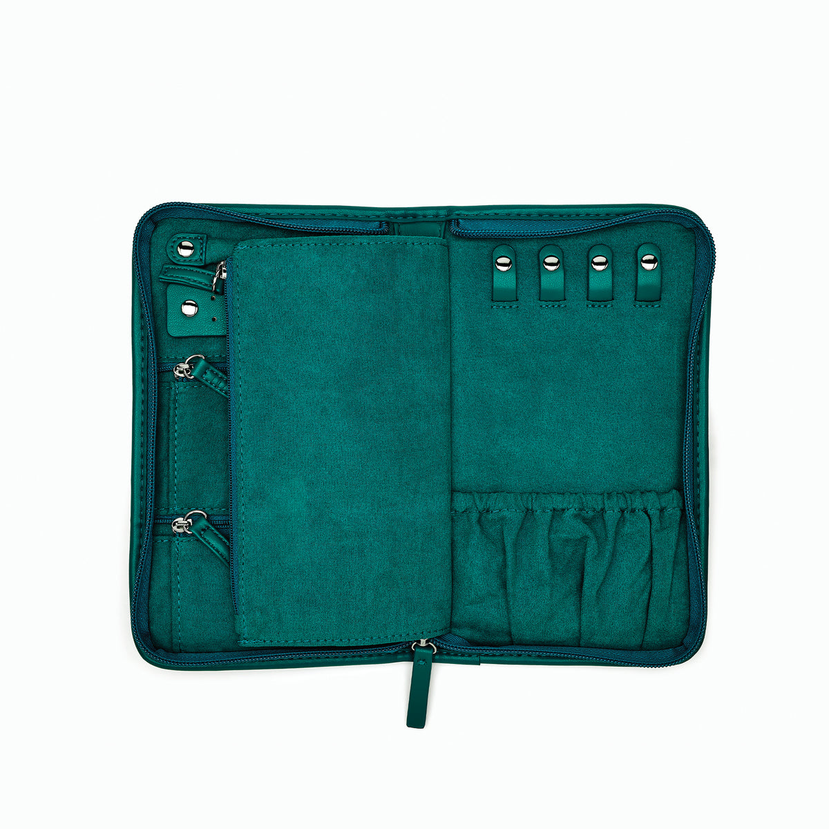 Effy Travel Case: A teal vegan leather zippered wallet featuring a quilted wavy pattern on the front, shown against a white background. Dimensions: 9 L x 5 W x 1 D.