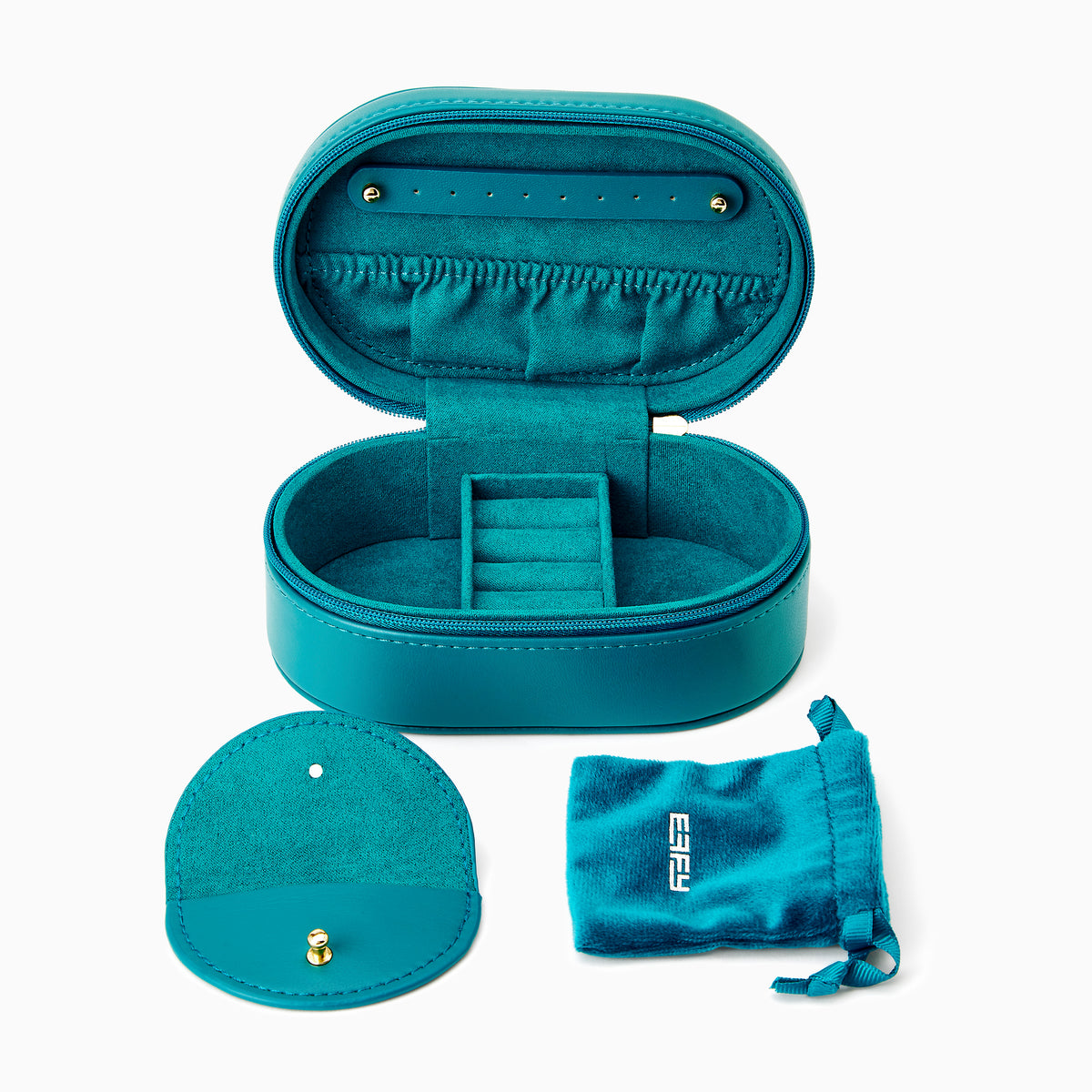 The Effy Oval Travel Case is a small, oval-shaped zippered case in teal vegan leather with a matching teal zipper, closed and displayed on a white background.