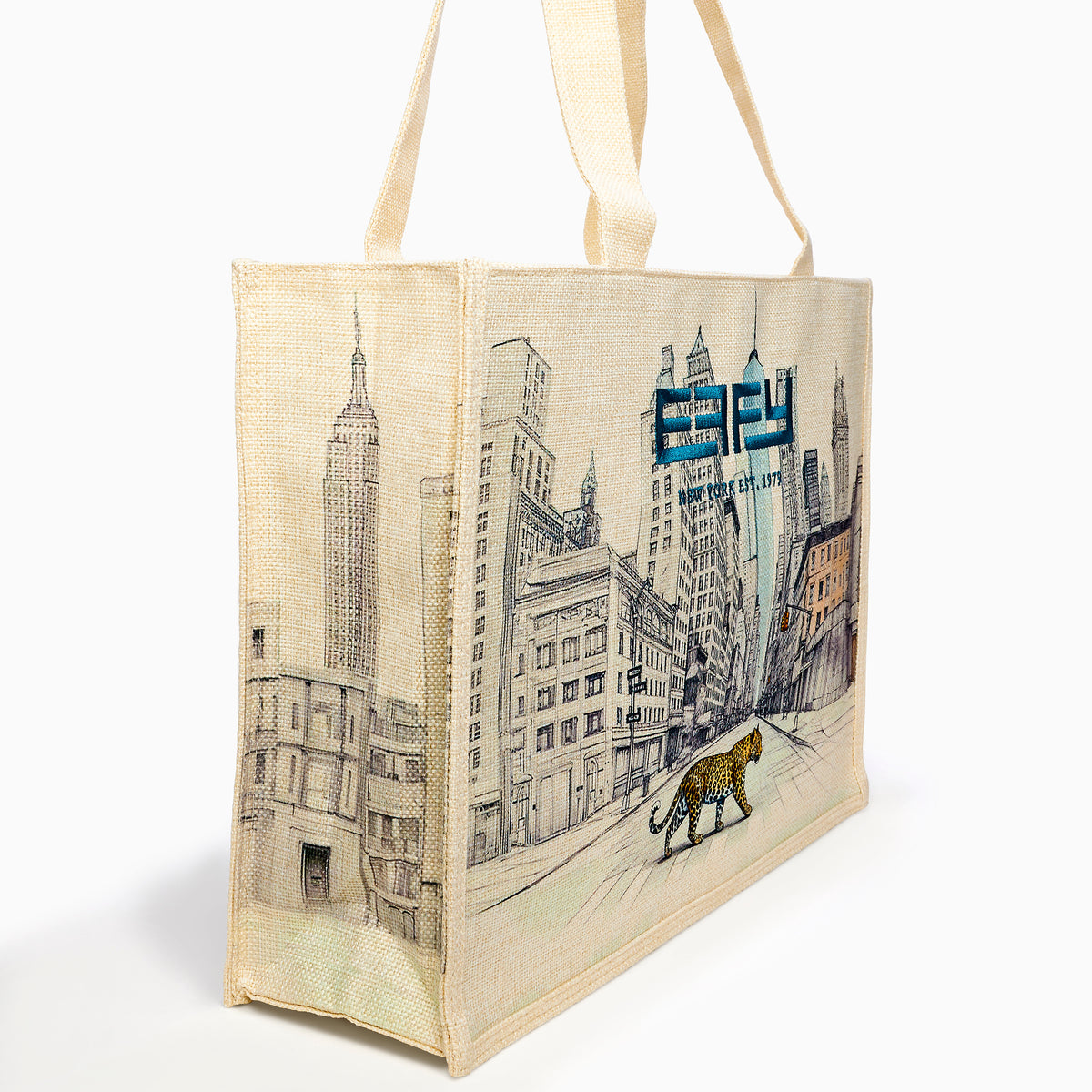 The Effy Linen Blend Embroidered Logo NY Skyline Tote features a cityscape with skyscrapers, a blue SPY logo, NEW YORK EST. 1979, and a leopard in the foreground from the Effy New York Skyline collection.