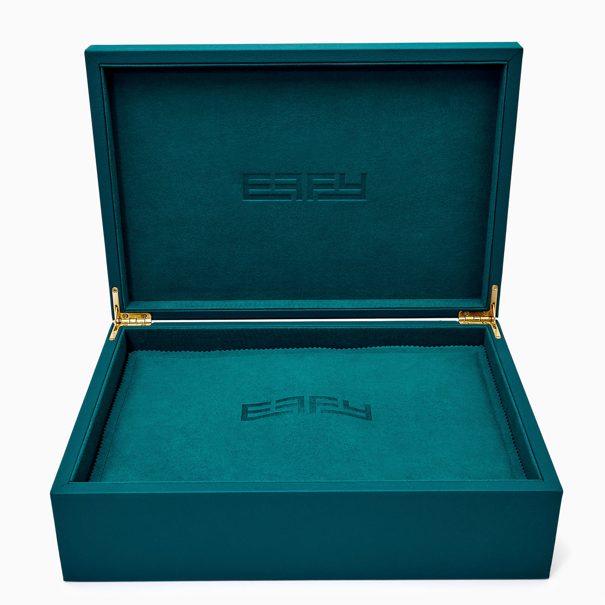 Effy Signature Jewelry Box with 7-piece removable inserts in teal velvet features organized compartments, removable trays, a pillow, and a round section. Open the box to display versatile storage options, with the ESPY brand name elegantly embossed inside the lid.