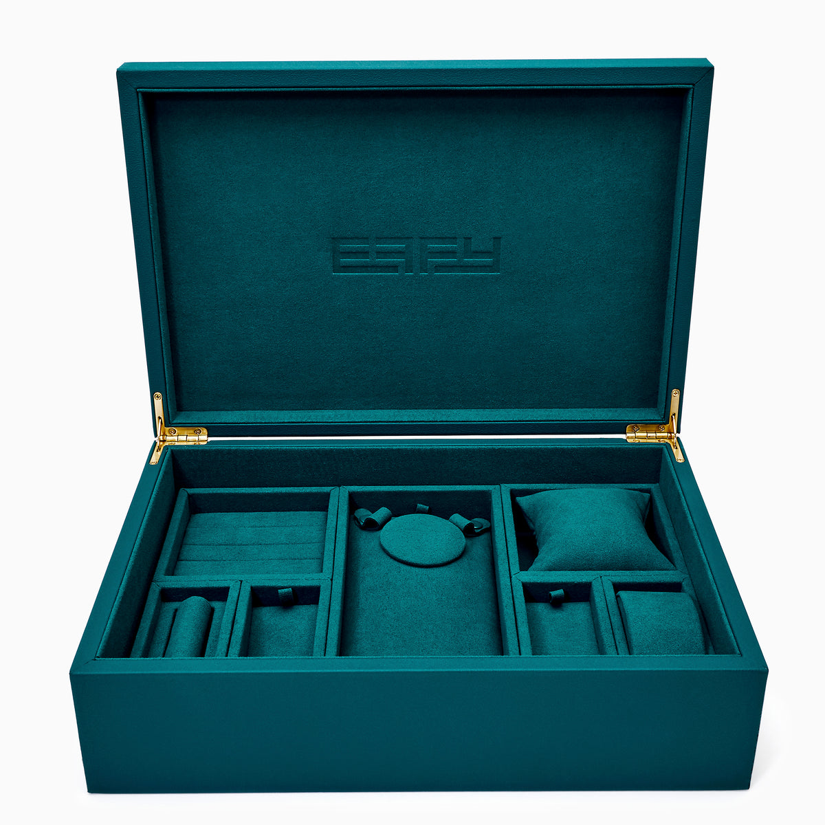 Effy Signature Jewelry Box with 7-piece removable inserts in teal velvet features organized compartments, removable trays, a pillow, and a round section. Open the box to display versatile storage options, with the ESPY brand name elegantly embossed inside the lid.