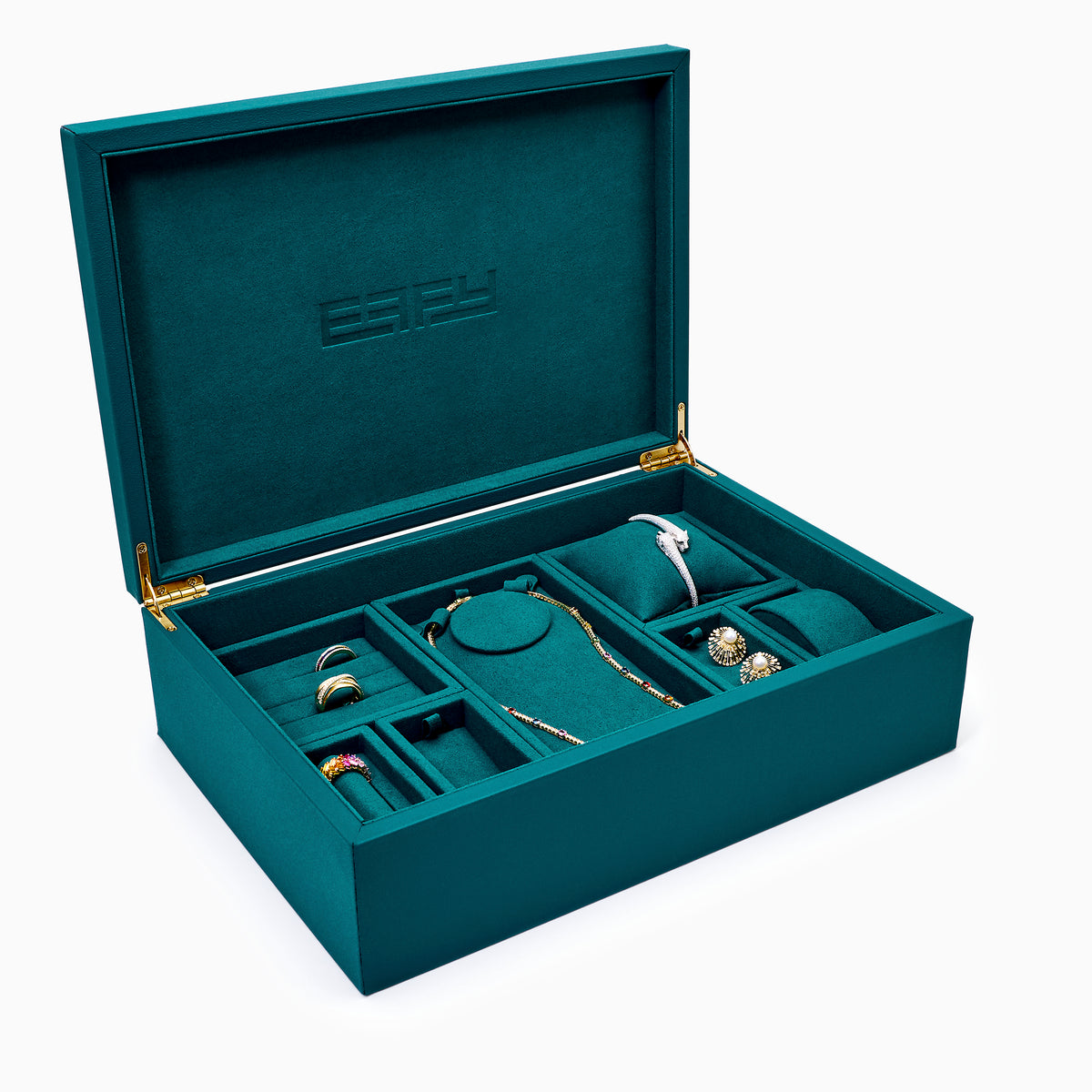 Effy Signature Jewelry Box with 7-piece removable inserts in teal velvet features organized compartments, removable trays, a pillow, and a round section. Open the box to display versatile storage options, with the ESPY brand name elegantly embossed inside the lid.