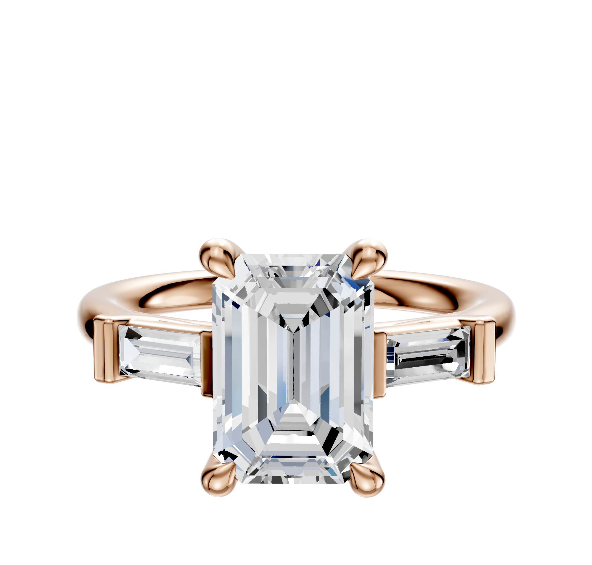 The 14K Rose Gold 3-Stone Baguette East/West Side Stones 0.125TCW Engagement Ring features a central stone accented by tapered baguette side stones, shown on a plain white background.