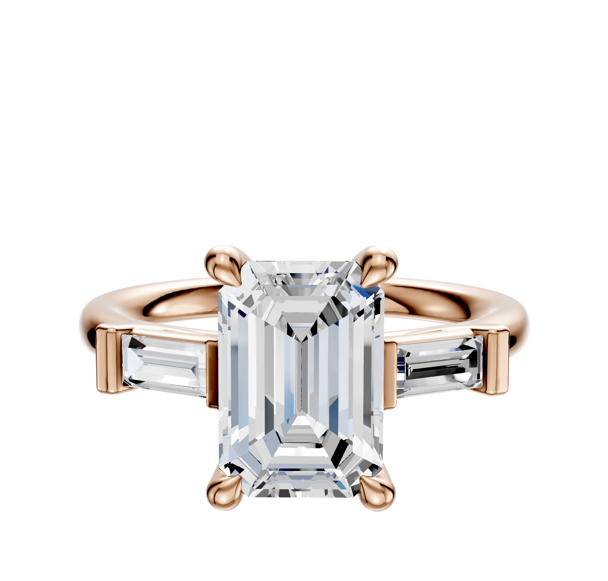 The 18K Rose Gold 3-Stone Baguette East/West Side Stones 0.125TCW Engagement Ring features a central diamond with two baguette side stones, beautifully displayed against a plain white background.
