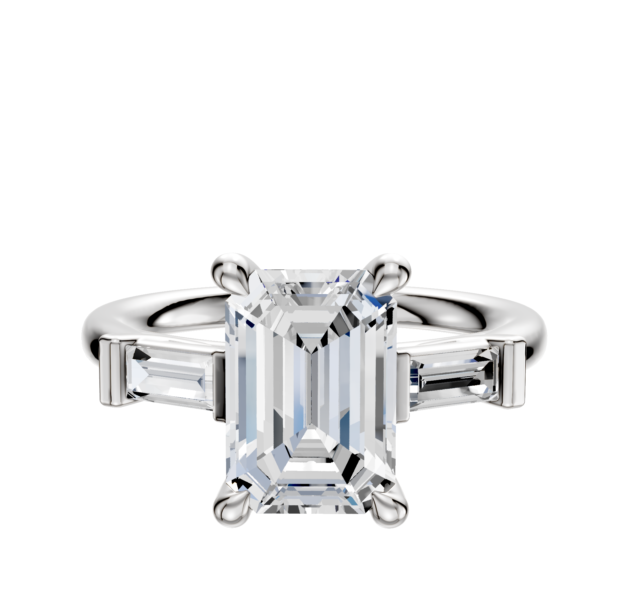 The 14K White Gold 3-Stone Baguette East/West Side Stones 0.125TCW Engagement Ring features a center stone flanked by baguette-cut side stones in a classic prong setting, displayed against a white background.