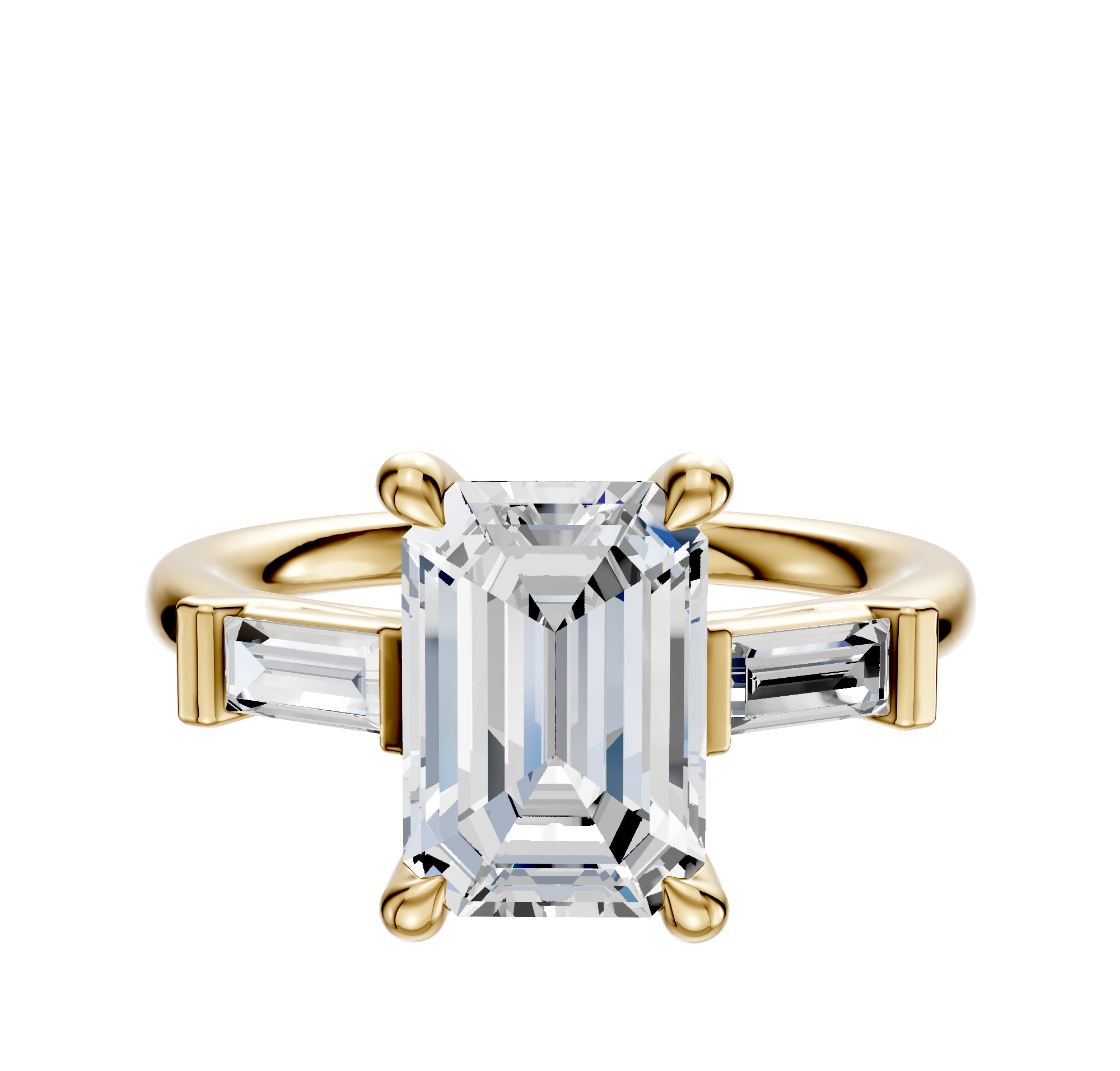 The 14K Yellow Gold 3-Stone Baguette East/West Side Stones 0.125TCW Engagement Ring features a central stone with baguette side stones, shown on a plain white background.