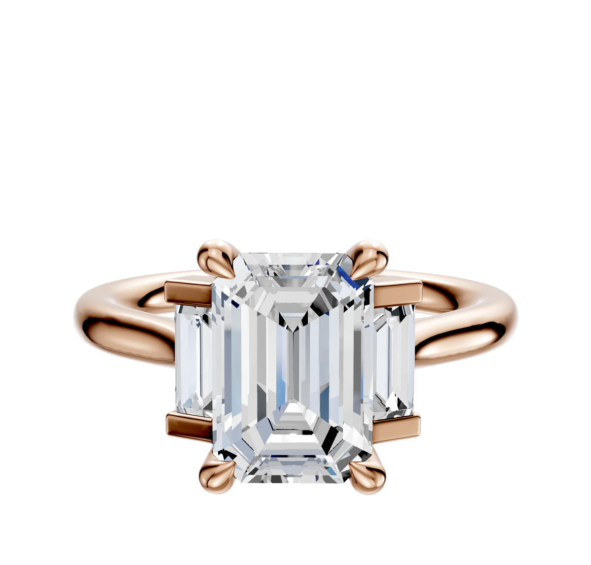 The 14K Rose Gold 3-Stone Baguette Side Stones Set North/South 0.125TCW Engagement Ring features a classic setting with a central diamond and two baguette-cut side stones.