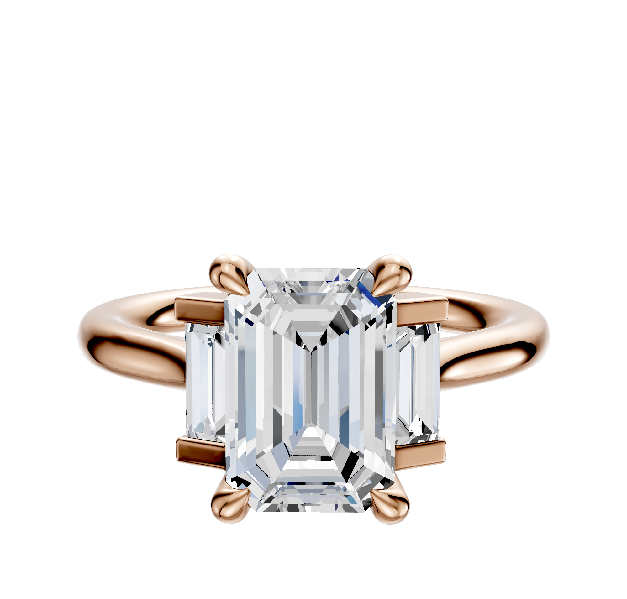 The 14K Rose Gold 3-Stone Engagement Ring features a north/south set center stone with baguette side stones (0.125TCW), all on a simple, elegant band.