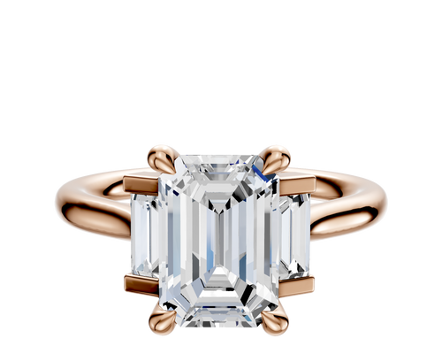 18K Rose Gold 3-Stone Baguette Side Stones Set North/South 0.125TCW Engagement Ring