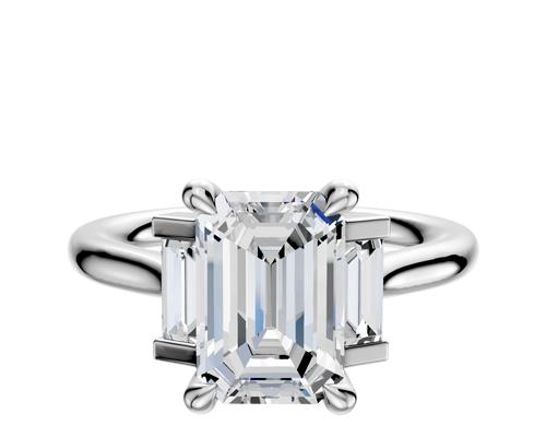 18K White Gold 3-Stone Baguette Side Stones Set North/South 0.125TCW Engagement Ring