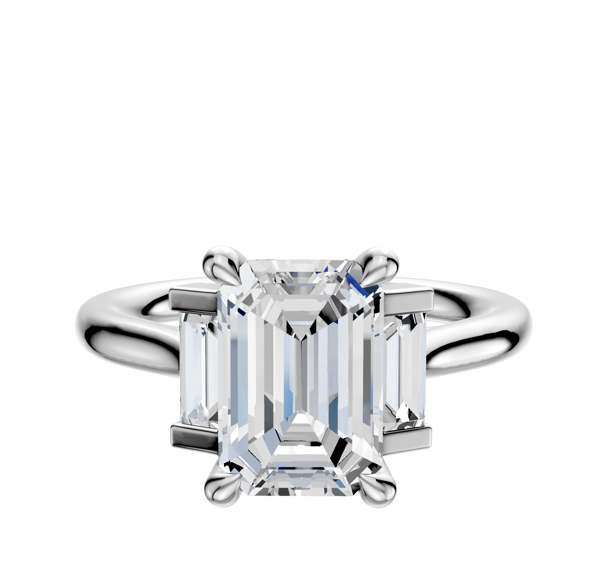 An 18K white gold engagement ring featuring a three-stone design with baguette side stones (0.125TCW), set north/south on a polished band, displayed against a plain white background.
