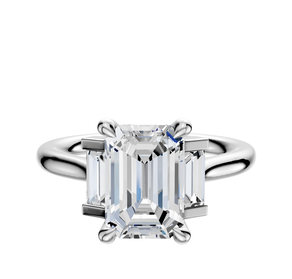 A platinum engagement ring named "Platinum 3-Stone Baguette Side Stones Set North/South 0.125TCW" features a center stone flanked by baguette side stones, set on an elegant polished band against a white background.
