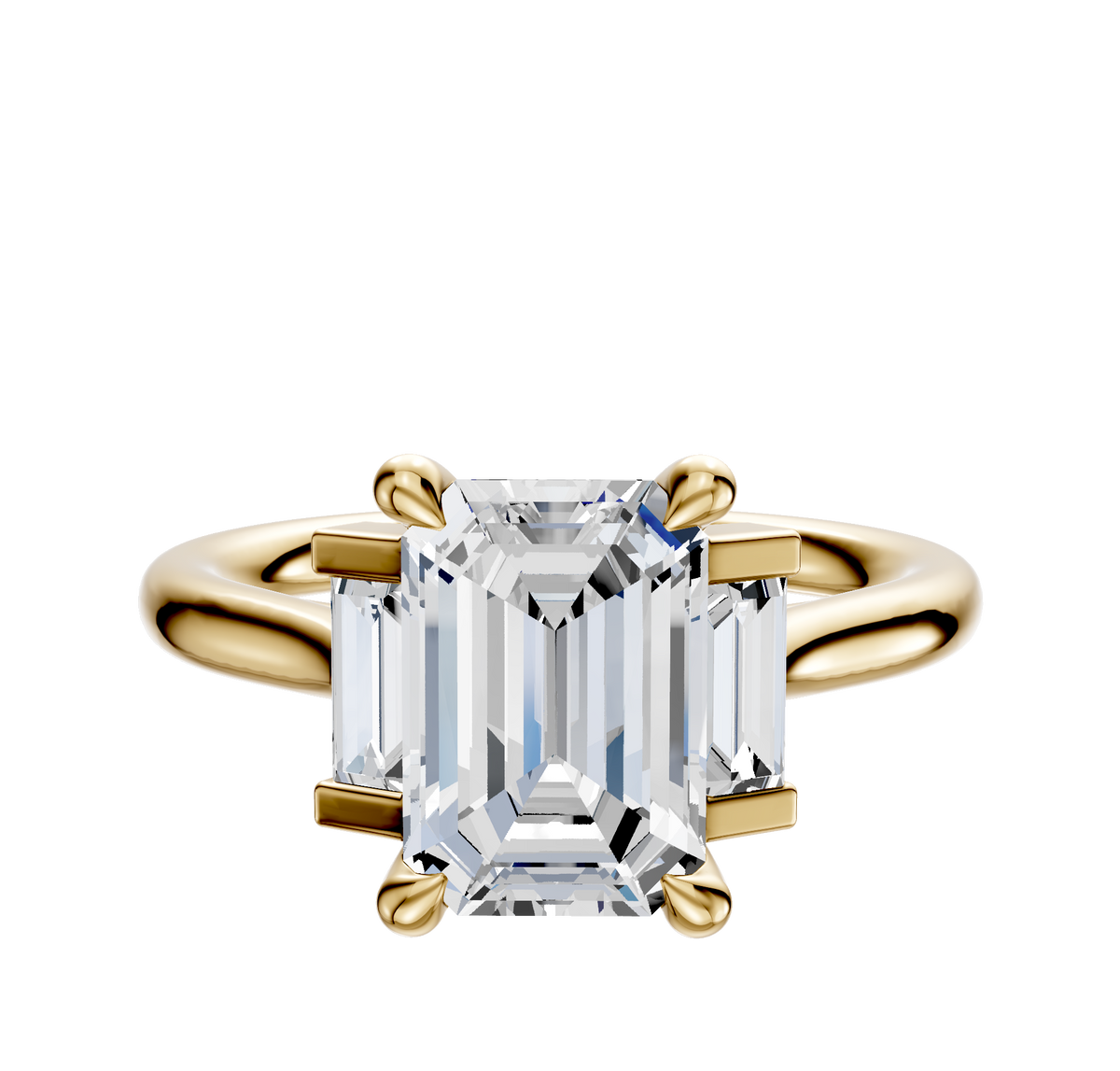 A 14K yellow gold engagement ring with a north/south set, featuring a main stone and baguette side stones (0.125TCW), displayed against a plain, light background.