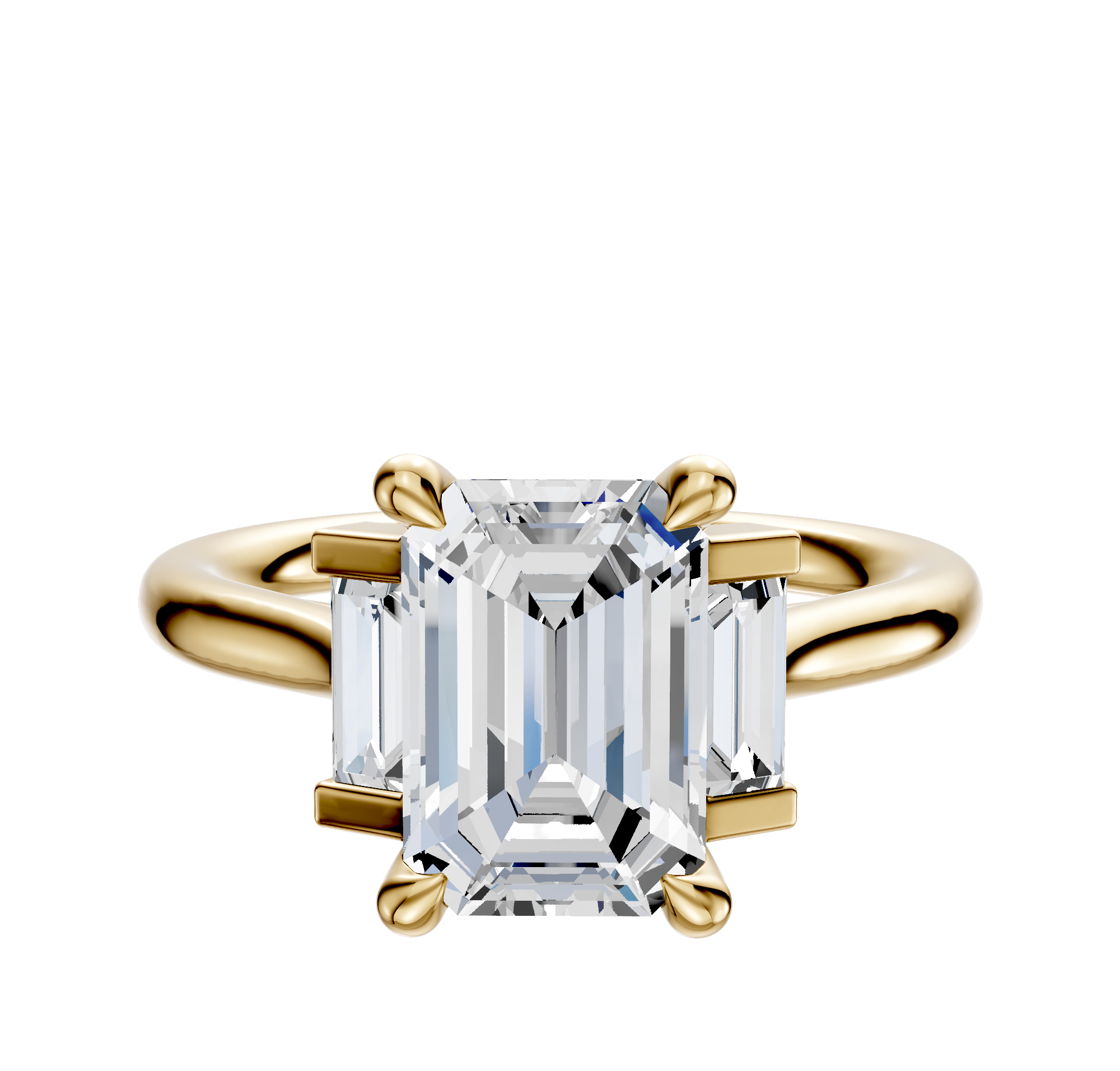 A 14K yellow gold engagement ring with a north/south set, featuring a main stone and baguette side stones (0.125TCW), displayed against a plain, light background.