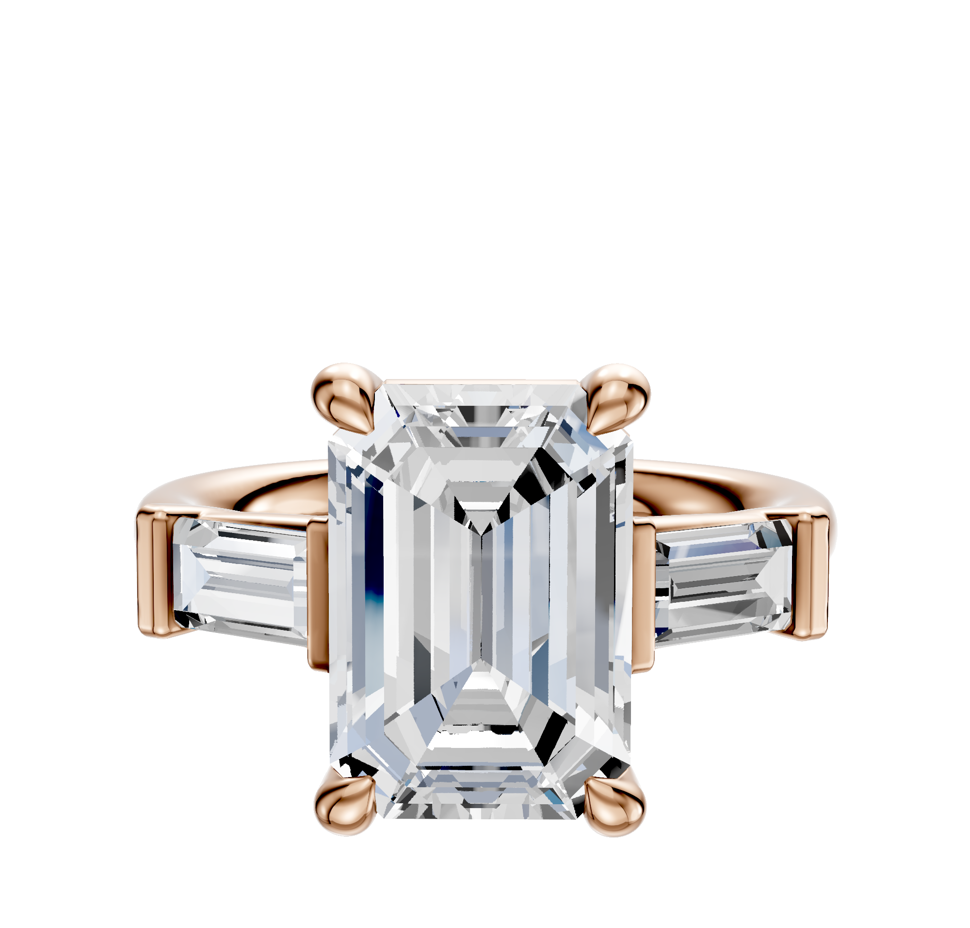 The 14K Rose Gold 3-Stone Baguette East/West Side Stones 0.25TCW Engagement Ring features an emerald-cut center with two baguette diamonds on each side, set on a rose gold band and displayed against a white background.