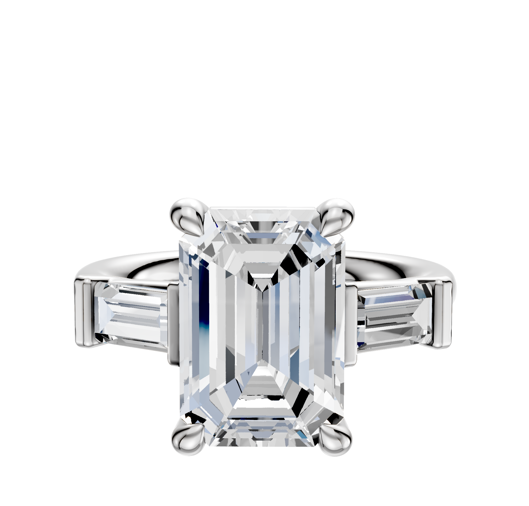 A 14K white gold engagement ring featuring a three-stone design with east/west baguette side stones and a total carat weight of 0.25, shown on a white background.