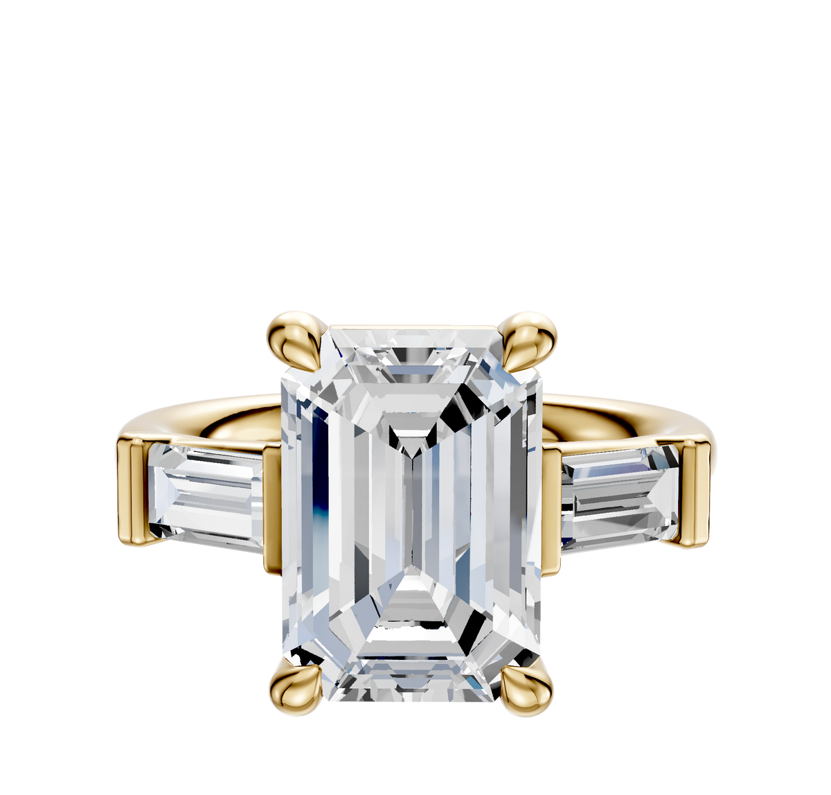 The 18K Yellow Gold 3-Stone Baguette East/West Side Stones 0.25TCW Engagement Ring features a central diamond and two rectangular baguette side stones, displayed against a plain white background.