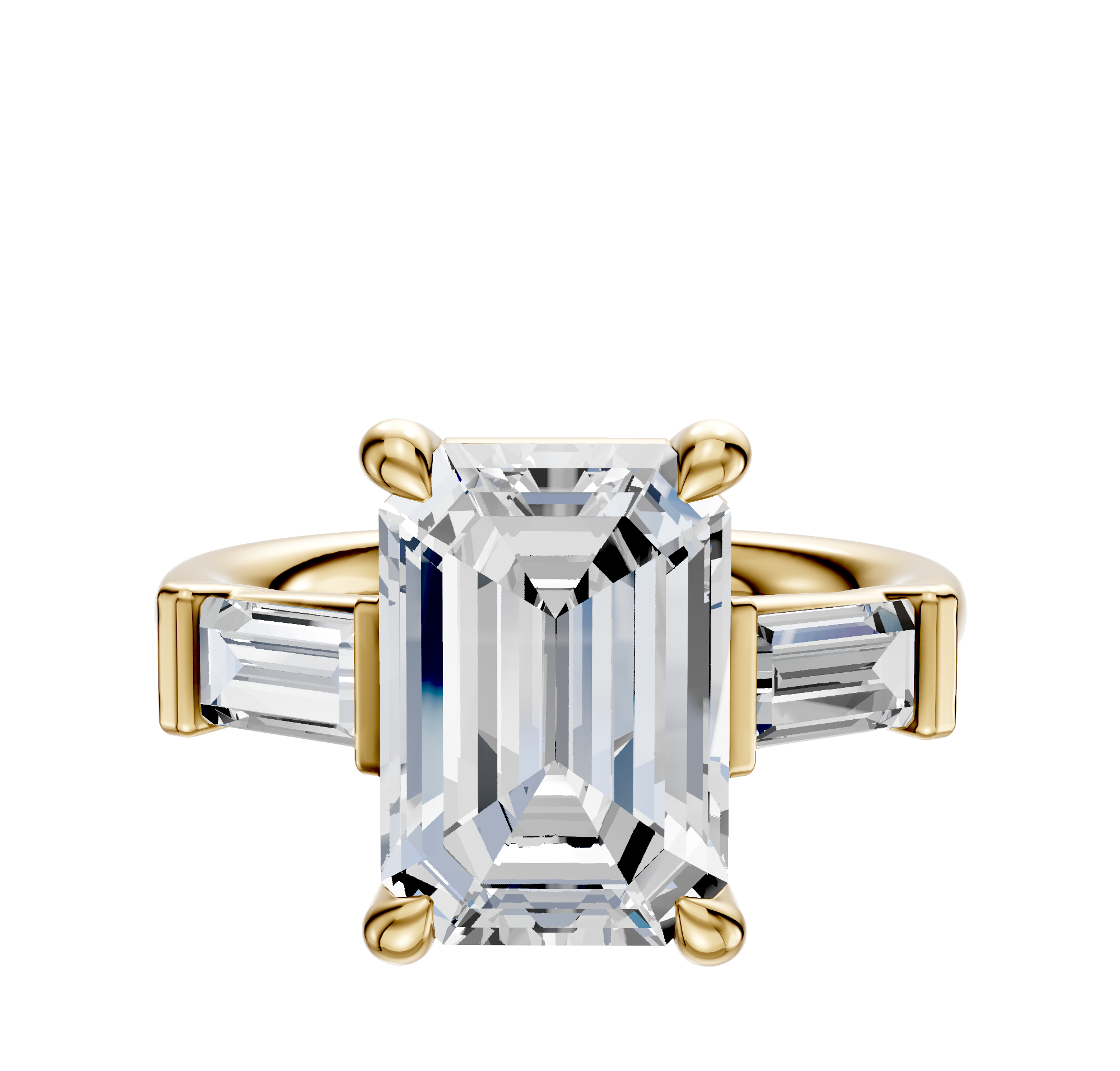 The 18K Yellow Gold 3-Stone Baguette East/West Side Stones 0.25TCW Engagement Ring features a central diamond and two rectangular baguette side stones, displayed against a plain white background.