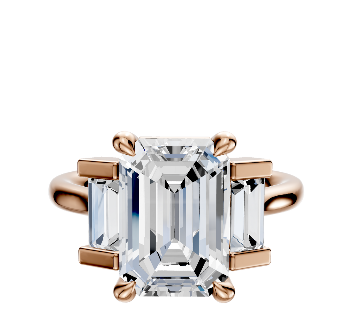 The 18K Rose Gold 3-Stone Baguette Side Stones Set North/South 0.25TCW Engagement Ring features a central diamond with two baguette side stones in a classic prong setting, displayed against a plain white background.