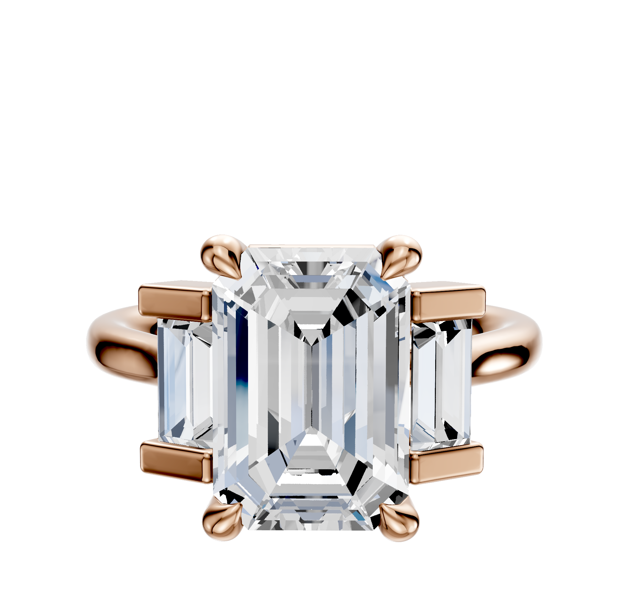 The 18K Rose Gold 3-Stone Baguette Side Stones Set North/South 0.25TCW Engagement Ring features a central diamond with two baguette side stones in a classic prong setting, displayed against a plain white background.