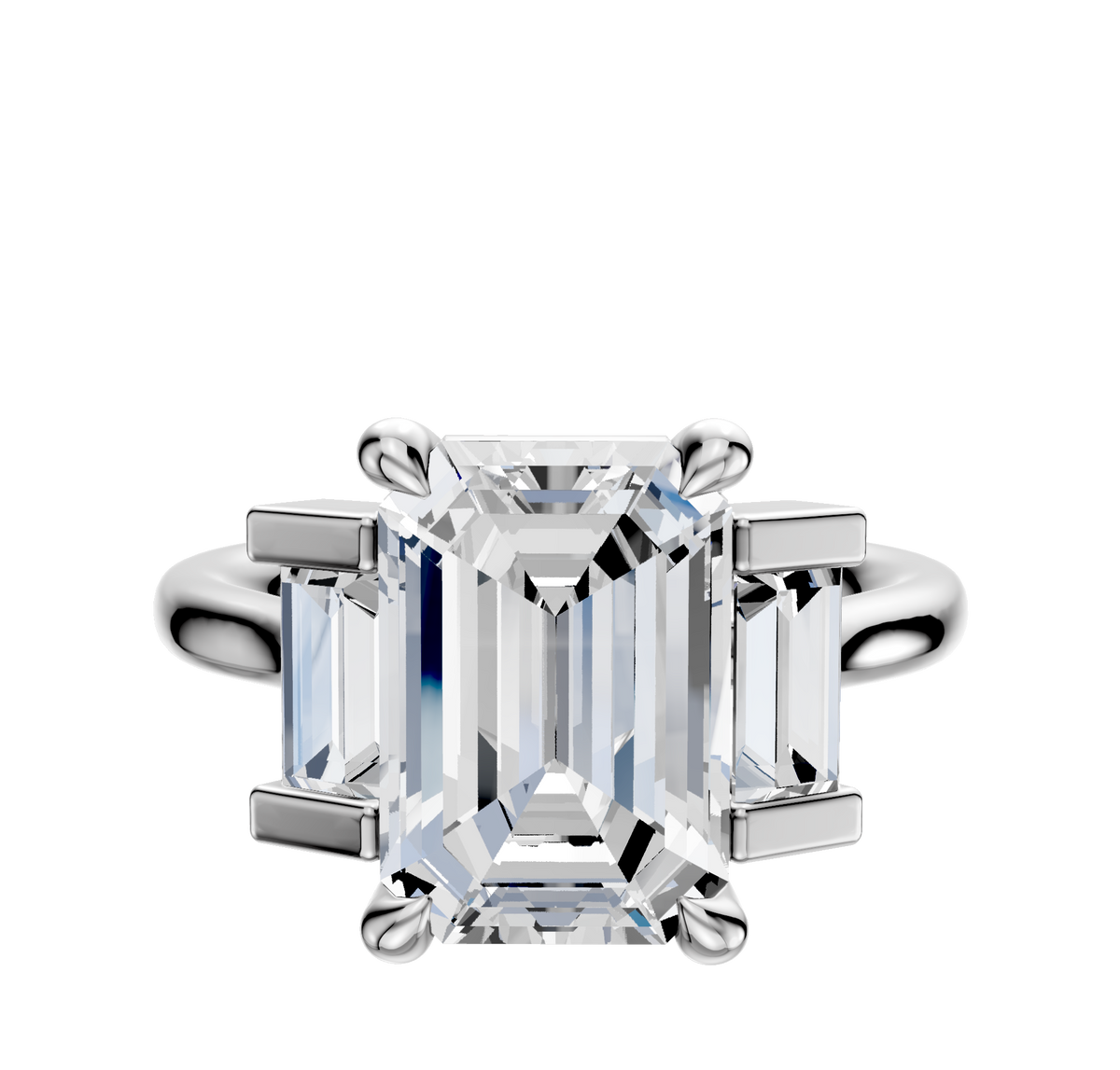 A 14K white gold engagement ring with a classic three-stone setting, featuring baguette side stones set north/south and a total carat weight of 0.25, shown against a white background.